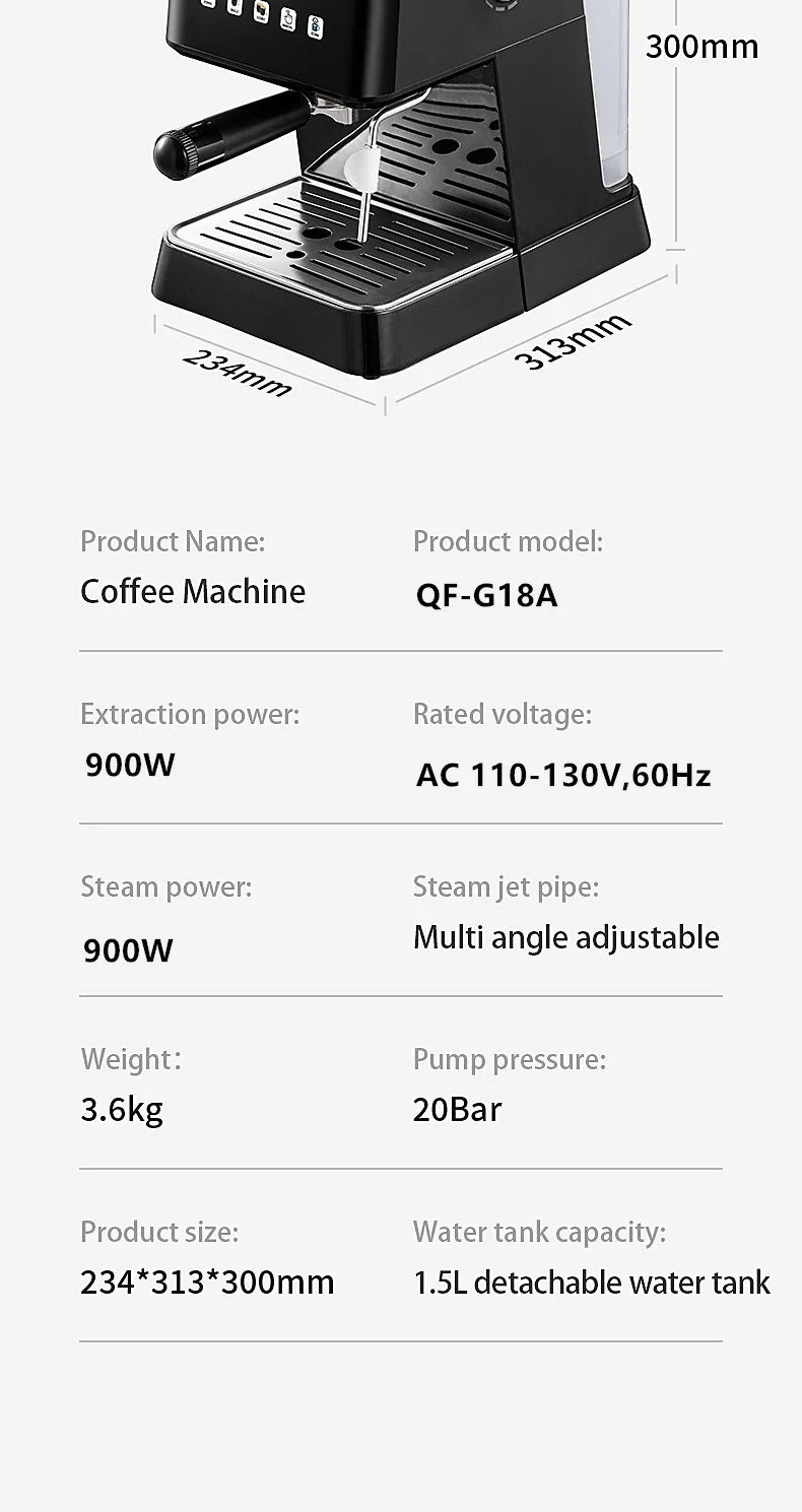 Cafetera Espresso de 20 Bares de Presión, Calentamiento Rápido en 20s, Extracción Automática, Espumador de Leche, Cafetera Barista para el Hogar, Tanque de Agua de 1.5L