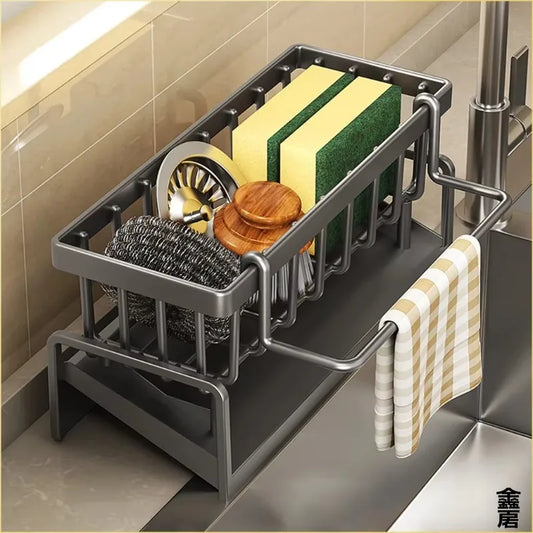 Estante compacto para especias montado en grifo, organizador para fregadero con escurridor, almacenamiento de cocina que ahorra espacio para utensilios/accesorios