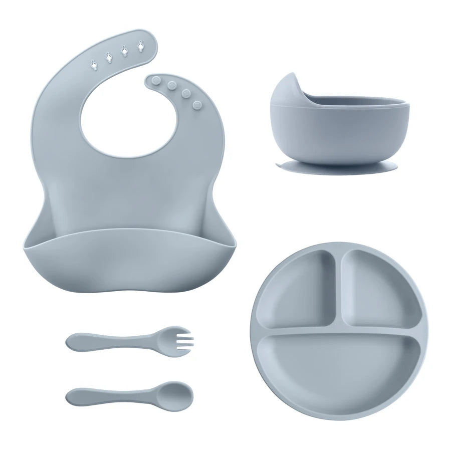 Juego de alimentación de silicona para bebé, plato de comedor redondo, cuenco con ventosa, platos para niños, babero impermeable, cuchara, vajilla para niños, 5 uds.