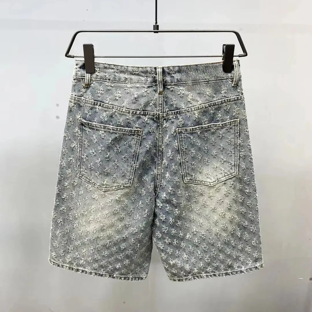Pantalones cortos de mezclilla Retro de calidad de lujo ligeros americanos Y2K verano Hip Hop INS hombres sueltos afeitado Jacquard pareja Denim pantalones de cinco puntos