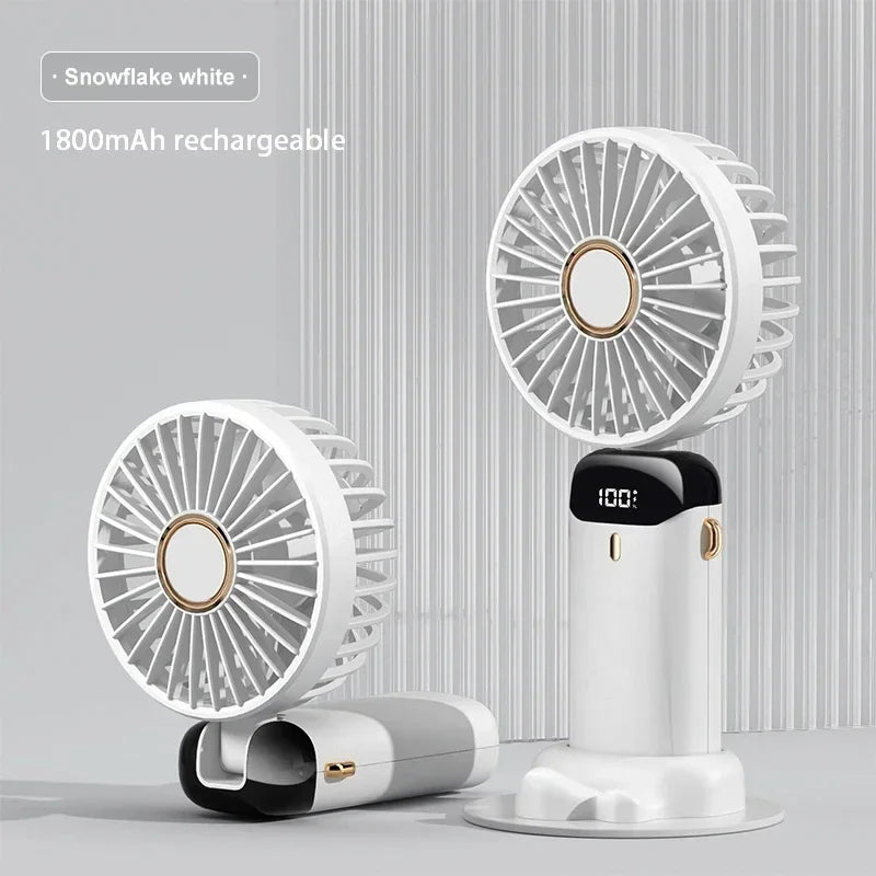 Mini ventilador portátil de mano, ventiladores plegables para colgar en el cuello, ventilador recargable por USB de 5 velocidades con soporte para teléfono y pantalla de visualización de 1800mAh