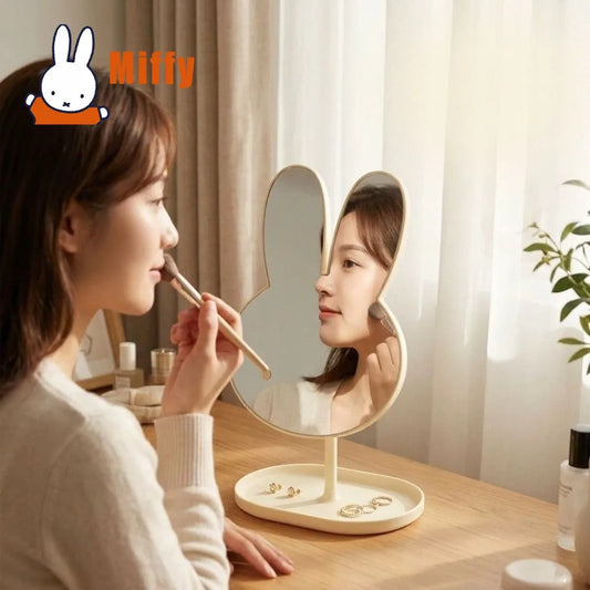 Espejo de Maquillaje de Escritorio Kawaii Miffy, Espejo de Vanidad con Diseño de Conejo, 360° ° Bandeja Giratoria con Base, Cristal de Alta Claridad, Accesorio para Escritorio de Dormitorio, Regalo