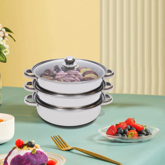 Vaporera de acero inoxidable de 3 niveles, olla para cocinar al vapor superpuesta de 28cm, utensilios de cocina, juego de cocina para sopa a vapor, plateado con tapa de vidrio