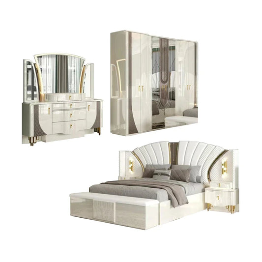 Juego de cama doble King Size con marco de madera dorada de lujo real, Villa para el hogar, diseño moderno clásico, juegos de dormitorio completos de madera, muebles