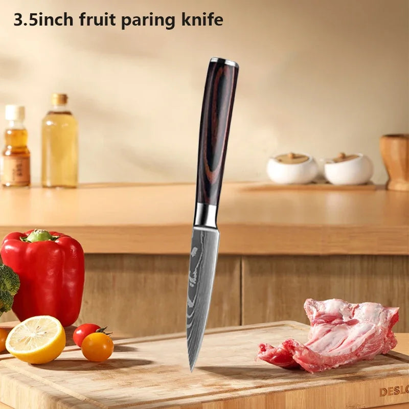 Juego de cuchillos de cocina con láser Damasco Santoku, cuchillo de utilidad, cuchillo de Chef profesional, cuchillo de carnicero, accesorios de cocina, 3 uds.