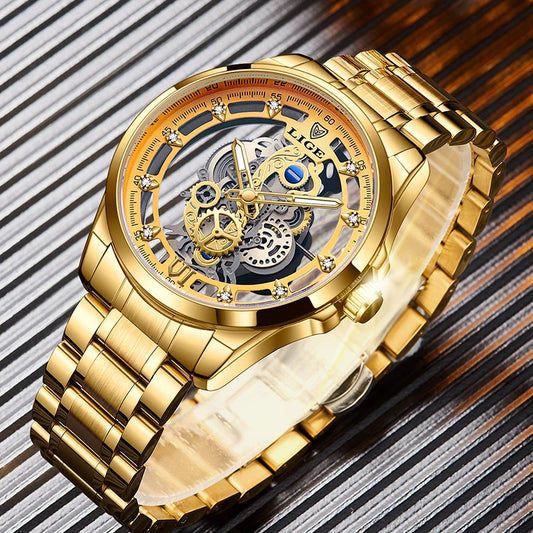 Reloj LIGE 2025 para hombre, reloj de cuarzo automático con esqueleto, reloj Vintage con esqueleto dorado para hombre, relojes para hombre de primeras marcas de lujo