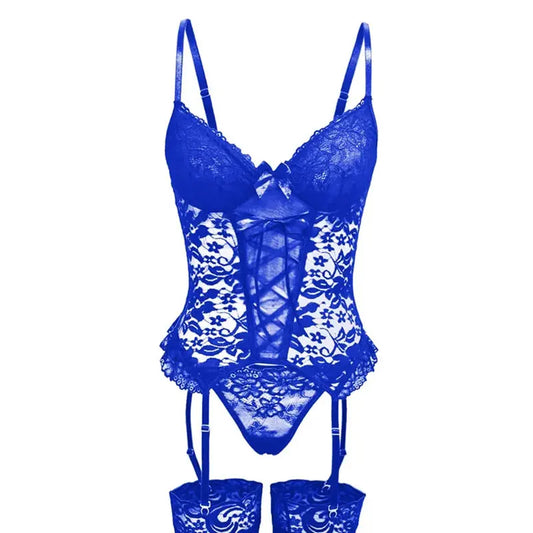 Conjunto erótico de lencería para mujer, ropa interior de encaje transparente, Bralette, sujetador, conjunto de ligas, Tanga, ropa de dormir, atuendo Sexy