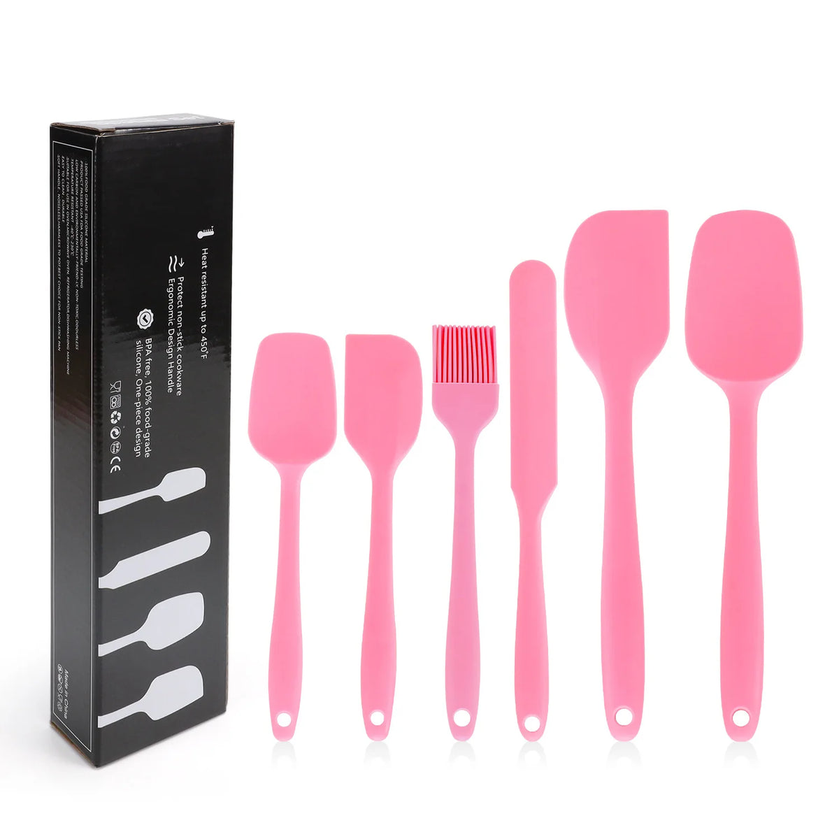Juego de utensilios de cocina de silicona de 6 piezas, espátula integrada color crema, cepillo para aceite, juego de espátulas de diferentes tamaños