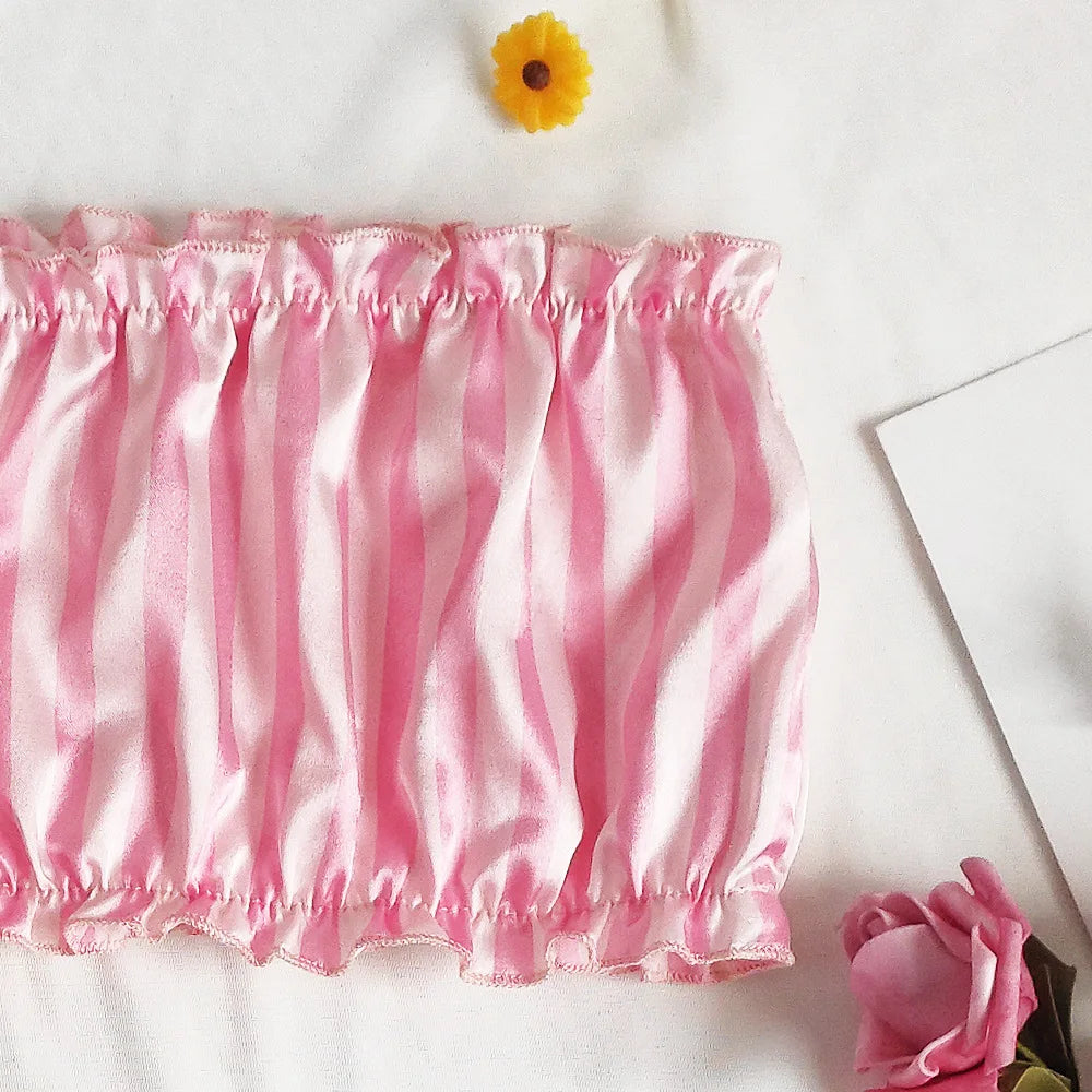 Conjunto de Pijamas de seda satinada para mujer, ropa de dormir Sexy, Pijamas sin mangas de verano, ropa de casa de seda sintética, ropa de dormir a rayas rosas, sujetador de lencería