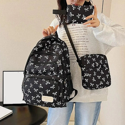 Conjunto de mochila de 3 uds., mochila con lazo de gran capacidad, bolso escolar de nailon con estampado de lazo, mochila para estudiantes con correa ajustable