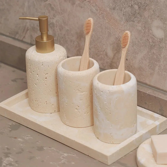 Juego de baño de travertino: jabonera con drenaje, dispensador de jabón líquido, dispensador de emulsión, dispensador de jabón en barra, caja de jabón, vaso para enjuague bucal y bandeja.