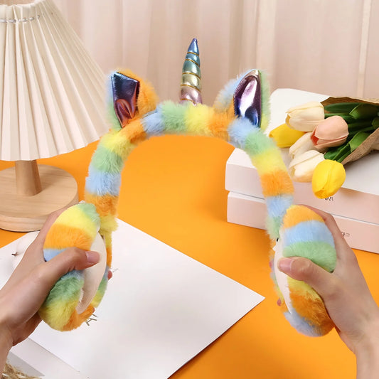 Orejeras de peluche de unicornio arcoíris, plegables, cálidas y portátiles, estilo femenino y lindo, orejeras a prueba de heladas y frío para otoño e invierno, regalo navideño