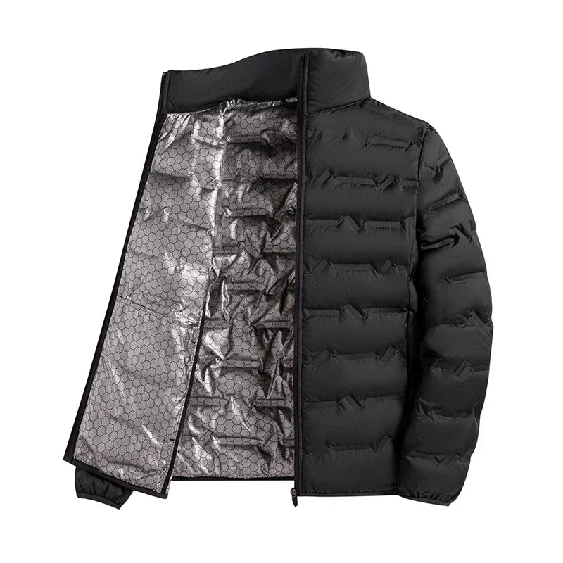 CHUJIE Chaqueta de plumón blanca de invierno para hombre, chaqueta de plumón plisada a prueba de viento con autocalentamiento de grafeno, chaqueta cálida informal con cuello levantado