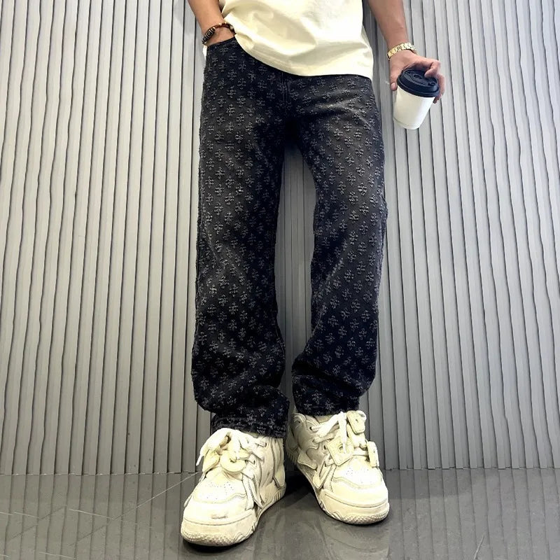 Ropa de calle americana Ins, pantalones estampados bordados Retro, diseño Jacquard de marca a la moda, pantalones vaqueros de Hip Hop de piernas anchas Y2K para hombre