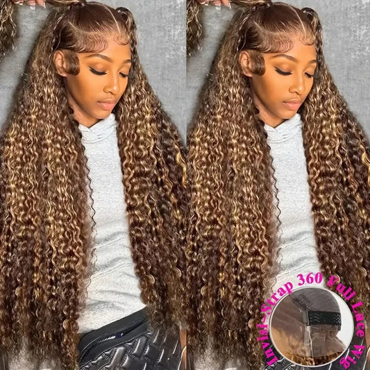 Peluca Frontal de encaje 360, cordón Invisible, cabello humano rizado, resaltado P4/ 27 colores, pelucas frontales de encaje de cabello humano brasileño para mujeres