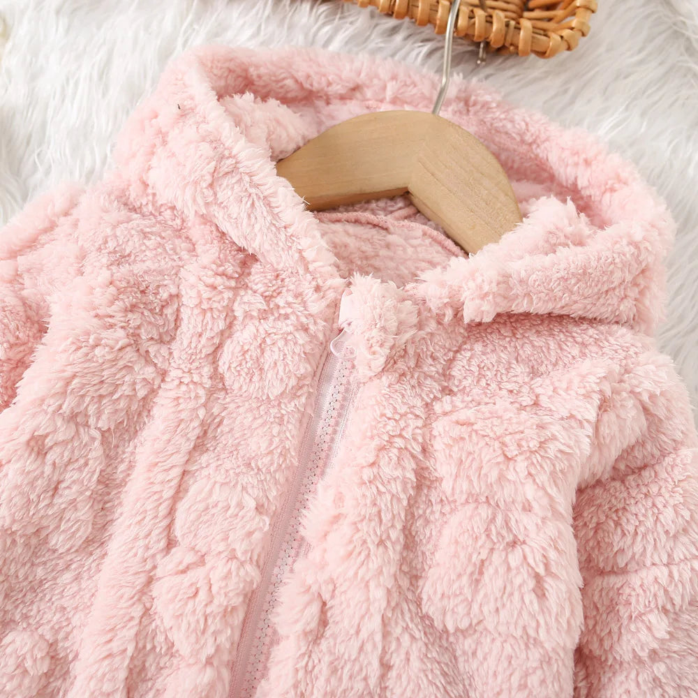 Chaqueta de lana rosa de princesa para niña con patrón de amor, abrigo cálido para niño pequeño, prendas de vestir con capucha, ropa de invierno para bebé