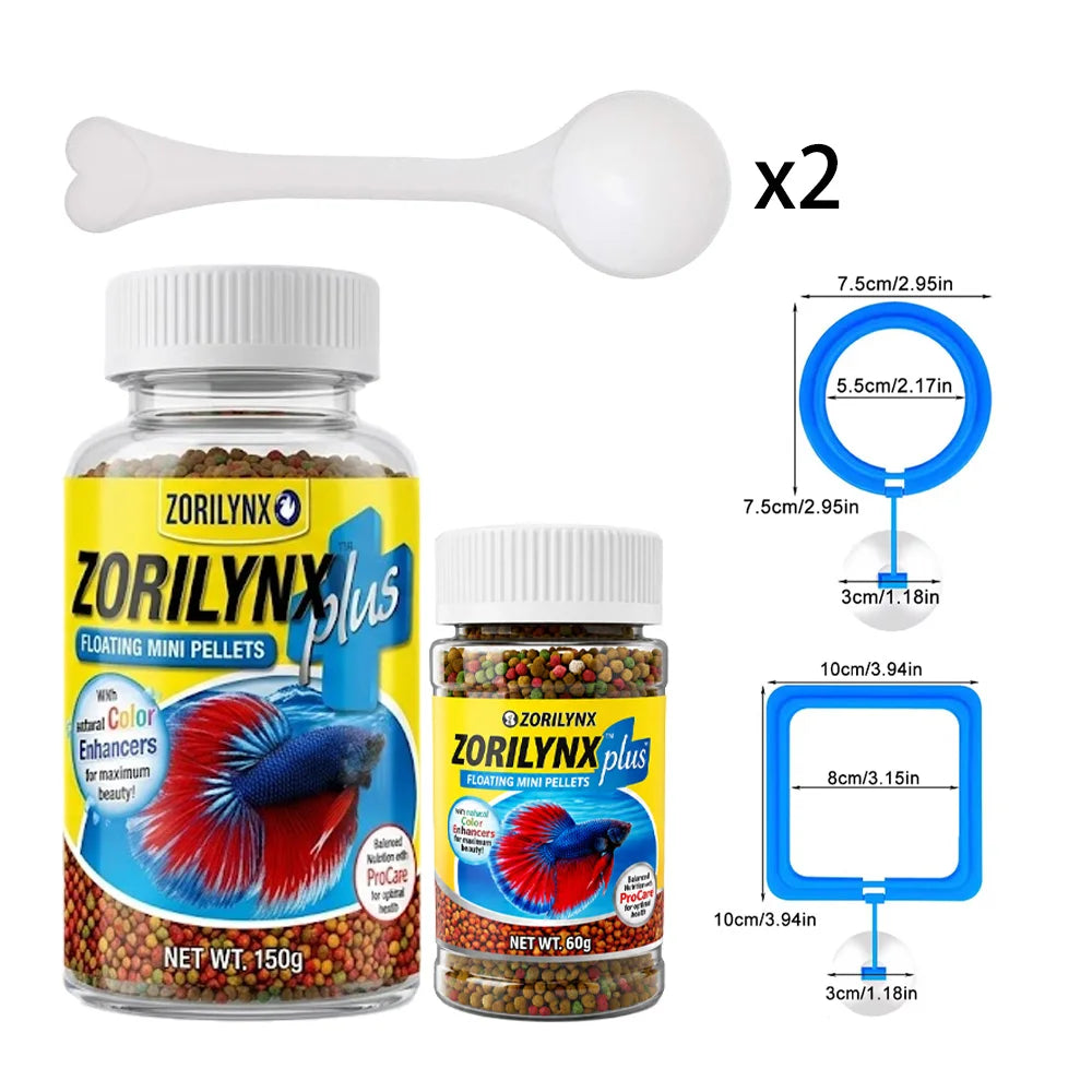 Alimento en Pellets para Peces con Anillo Flotante Cuadrado, Set para Betta y Peces Dorados, Potenciador de Color Nutritivo, Combo ZORILYNX Plus X2
