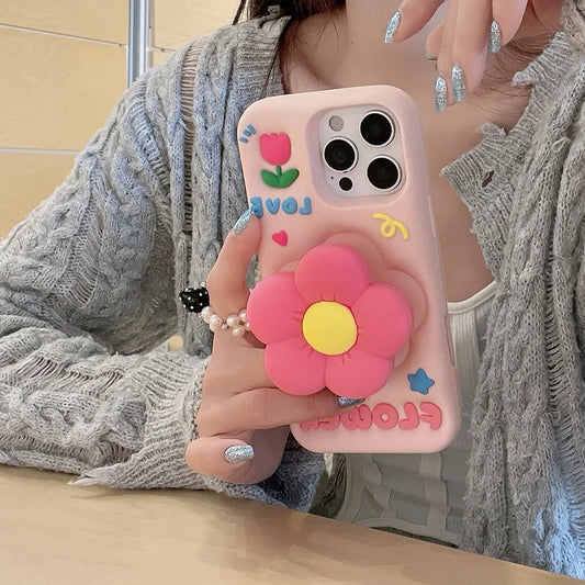 Lindo soporte floral 3D funda de silicona suave soporte de flores cubierta para iPhone 16 15 14 13 12 11 Pro Max 7 8 Plus X XS Max XR