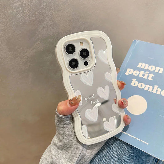 Funda de teléfono con espejo de maquillaje de corazón blanco encantador coreano para iPhone 17 Air 14 15 16 Pro Max 13 11 12 14 Plus XS X XR cubierta a prueba de golpes