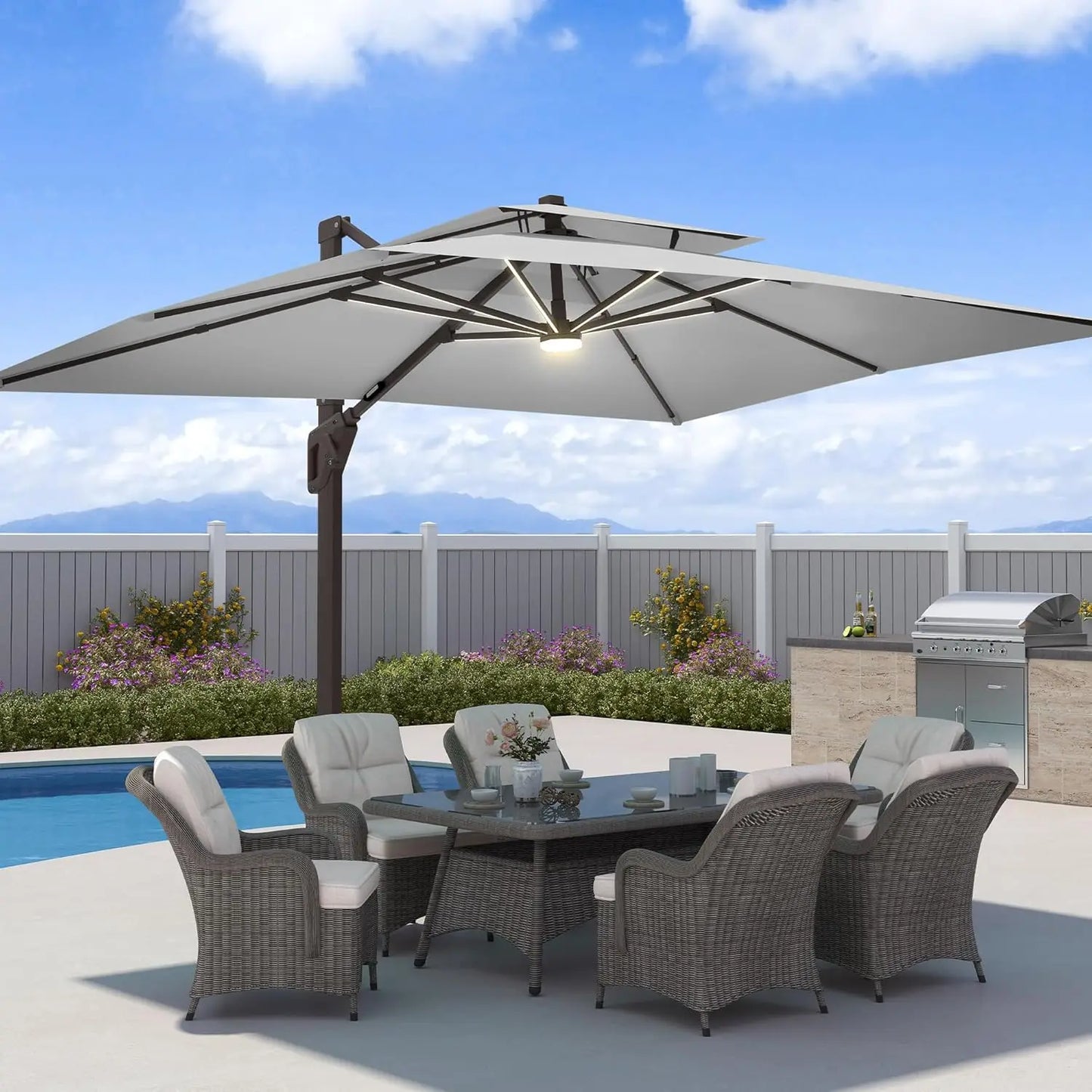 Sombrilla de Patio de 9x12 Pies con Luces LED, Sombrilla Rectangular Grande y Resistente de Aluminio para Exteriores, Personalizable