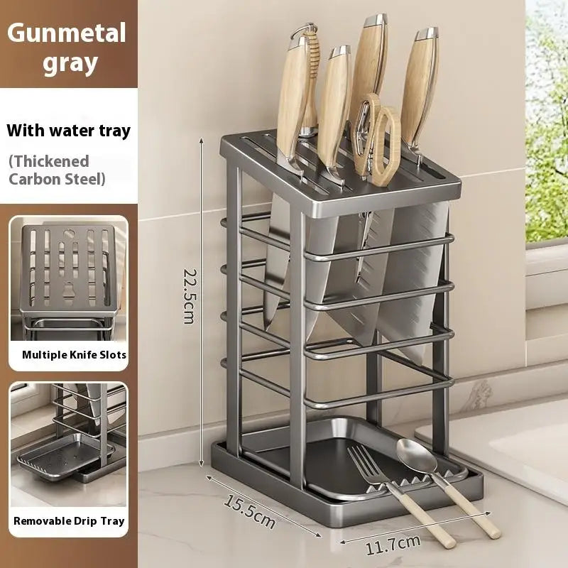 Computador de encimera de cocina: estante para platos multifunción, soporte para cuchillos y almacenamiento de herramientas con bandeja de drenaje