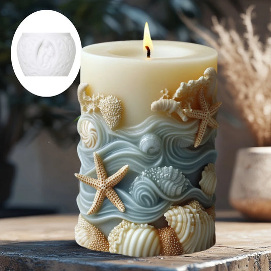 DIY estilo océano vela cilíndrica en relieve molde de silicona estrella de mar concha molde de resina cilíndrica ondas vieira moldes de yeso coral