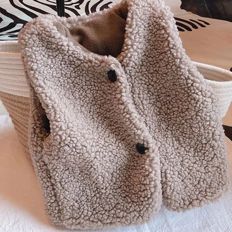 Otoño Invierno bebé lana de cordero más chaleco de terciopelo niñas niños chaleco de felpa de un solo pecho cuello en V niño cálido moda abrigo cálido