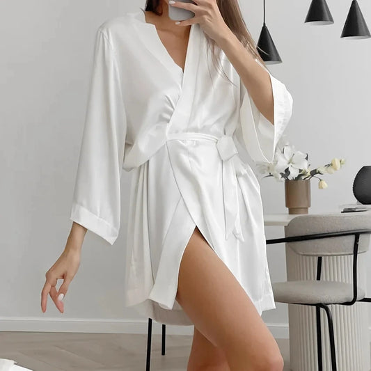 Bata de Novia Blanca para Mujer, Kimono de Satén de Seda, Ropa de Dormir Holgada con Manga 3/4, Lencería