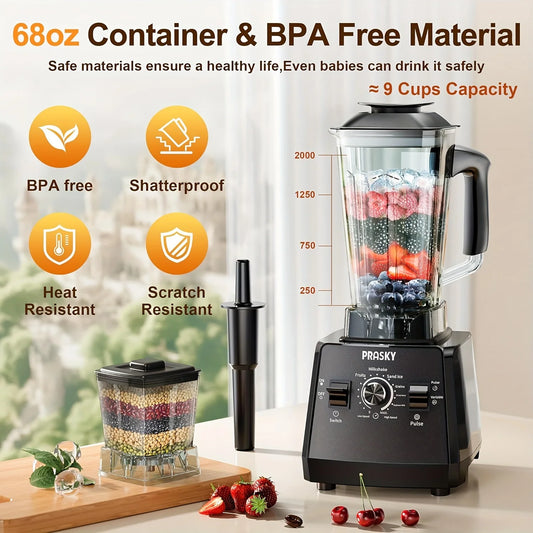 PRASKY 2400W Blender and Grinder Combo 25000RPM Powerful Kitchen 68oz BPA Free 2 Containers Professional Blenders Ice Crushing