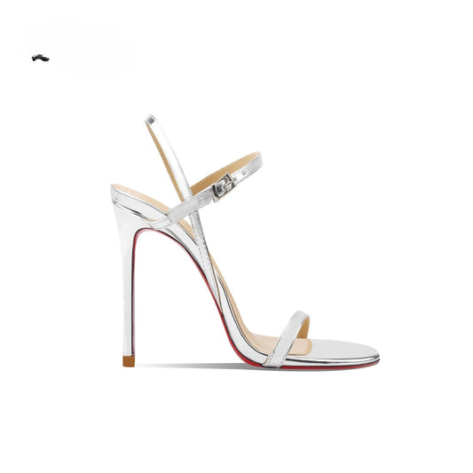 Nuevas sandalias de tacón alto de charol plateado para mujer con punta descubierta, tacones delgados y zapatos individuales cómodos.