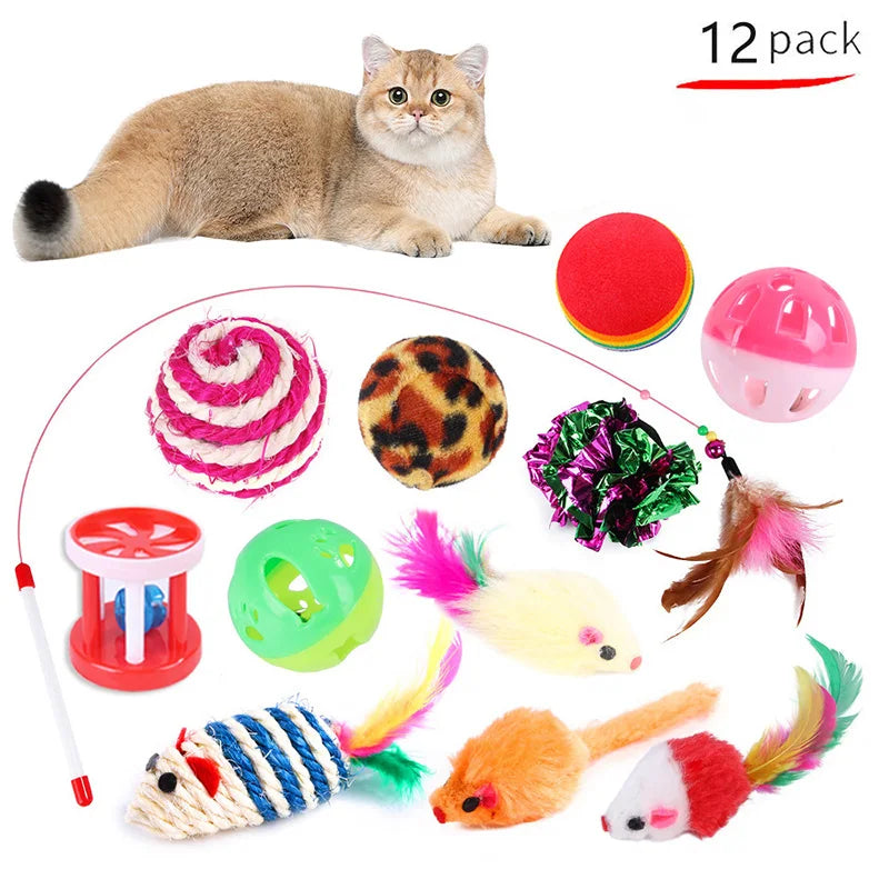 Paquete Variado de Juguetes para Gatitos - Set Combinado de Juguetes para Gatos, Juguete Divertido para Gatos, Varita con Ratón de Sisal, Bola con Campana, Suministros para Gatos
