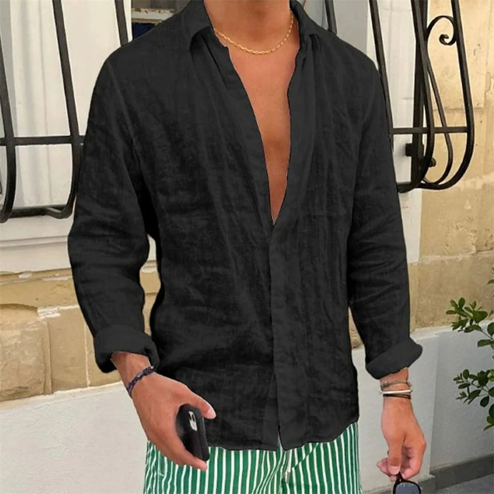 Camisa de lino y algodón para hombre, Tops informales de manga larga de Color sólido con solapa ajustada, estilo Simple, transpirables con botones, primavera y otoño