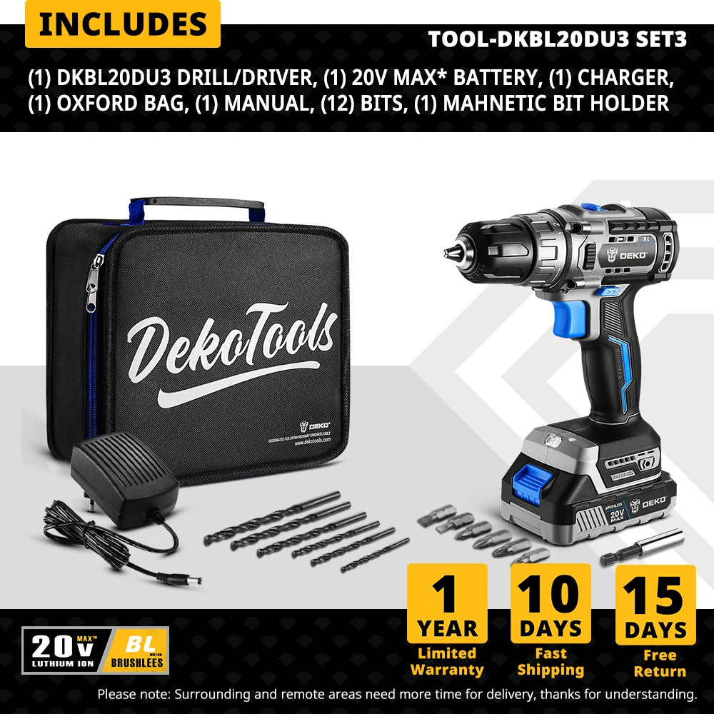 DEKO-Taladro Inalámbrico sin escobillas de 20V, Kit combinado de Mini destornillador eléctrico, herramientas eléctricas de 2 velocidades para carpintería