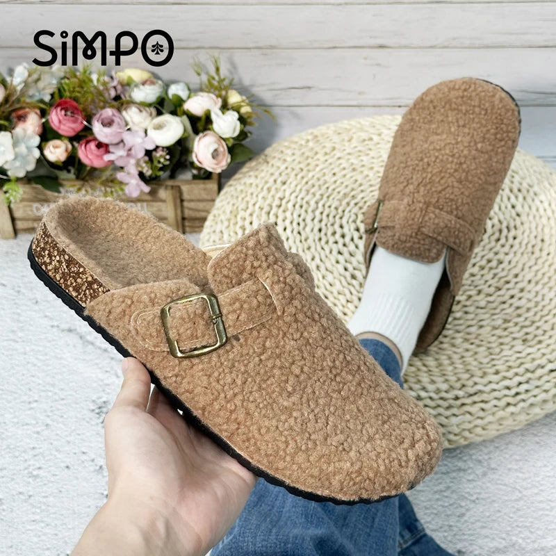 Otoño e Invierno nuevas mujeres y hombres tela de gamuza zapatilla de punta cerrada interior o exterior Slip-on Retro Sandalias planas duraderas