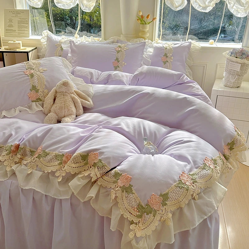 Juego de Ropa de Cama Estilo Princesa INS 2026, con Volantes, Encaje y Lazo, Funda de Edredón Romántica para Mujer, Juego de 4 Piezas