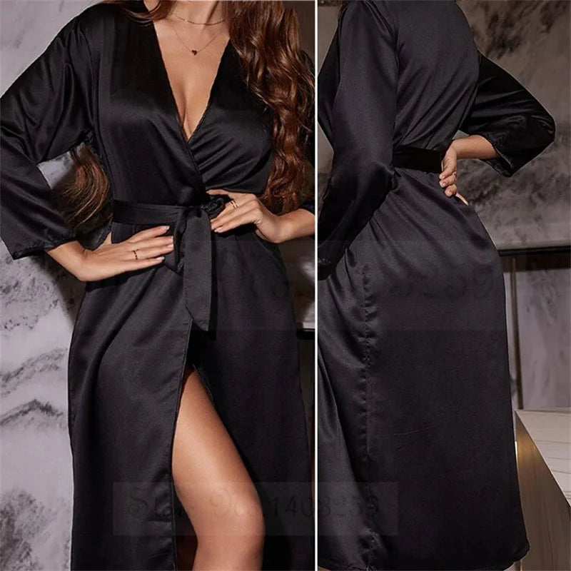 Bata larga Kimono de satén para mujer, bata de baño suelta, ropa de salón para el hogar, ropa de dormir Sexy, lencería íntima, primavera y otoño