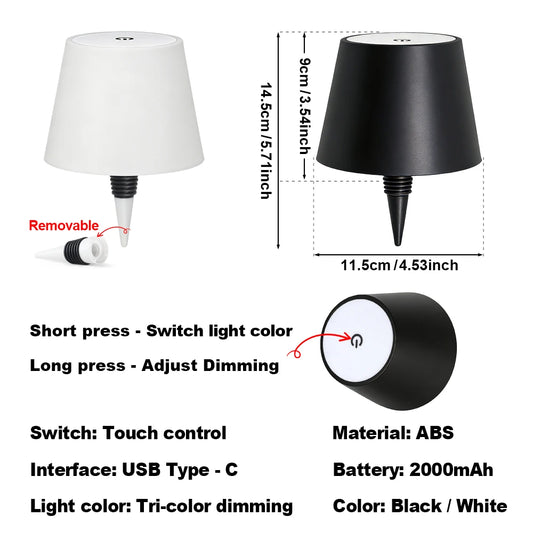Lámpara de mesa LED con forma de botella, 3 colores, control táctil de carga, 3 colores con función de atenuación, lámpara de mesa LED decorativa para bar, restaurante