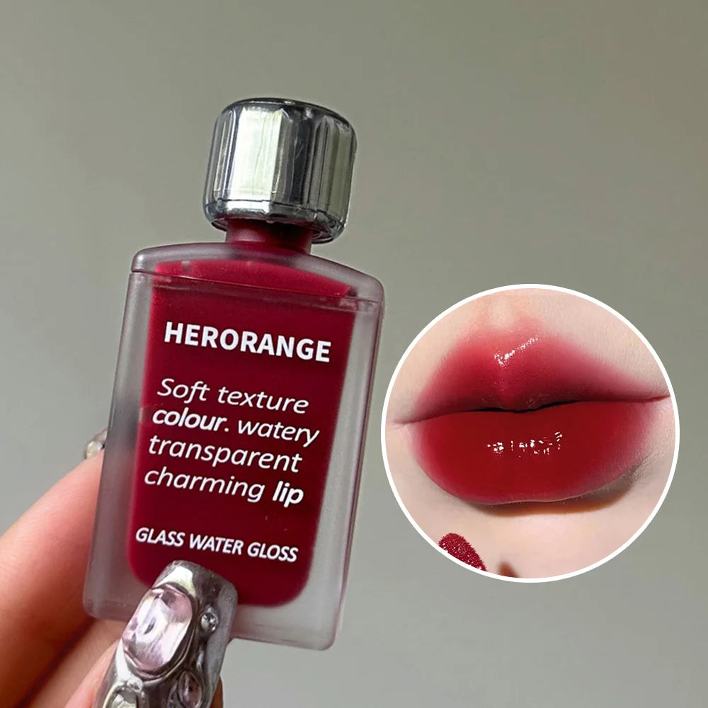 Brillo de agua de vidrio ligeramente, esmalte de labios Herorange, espejo hidratante, labios regordetes, no es fácil de pegar en la taza, maquillaje de larga duración