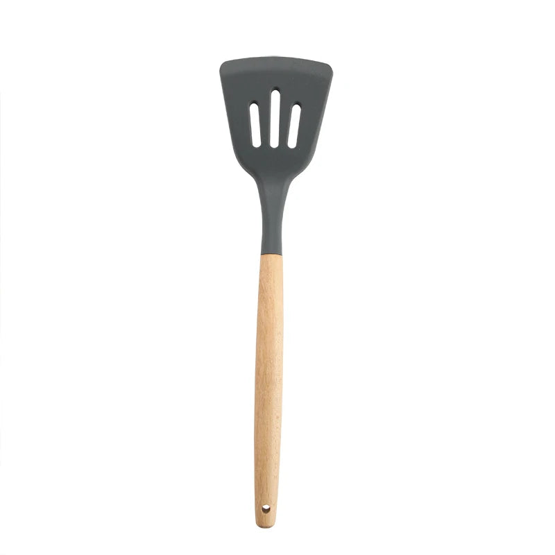 Juego de utensilios de cocina de silicona resistentes a altas temperaturas, pala con mango de madera, cuchara con fugas, herramienta, utensilio de cocina, accesorios para hornear