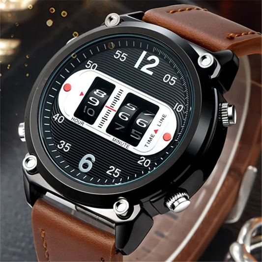 Relojes de diseño único para hombre, correa de cuero de moda, neumático, deportes militares simples, reloj de cuarzo vintage, relojes de marca de lujo negros