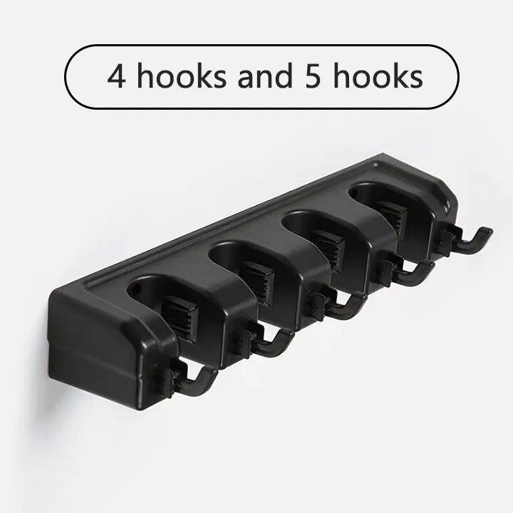 Soporte para fregona montado en la pared, colgador multifuncional de 3/4/5 posiciones, estante de almacenamiento de plástico mágico negro para cocina y hogar