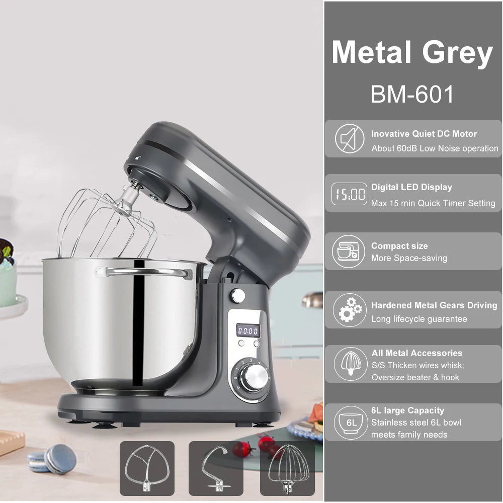 BioloMix Batidora de pie para alimentos de cocina, licuadora, motor silencioso, batidor de huevos y crema, amasadora de masa, 6 velocidades, 1200 W, 6 L, CC