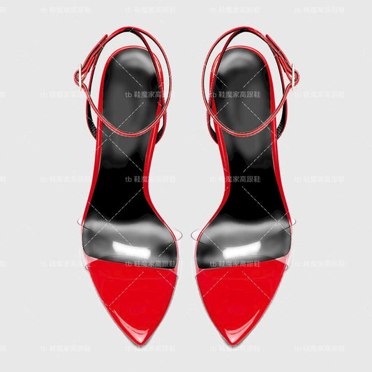 2025 New 12cm Thin Heel Pointed Shallow Lipstick Bottom High Heels Sexy One Word Buckle Style Fashion Sandals Large Single Shoes
