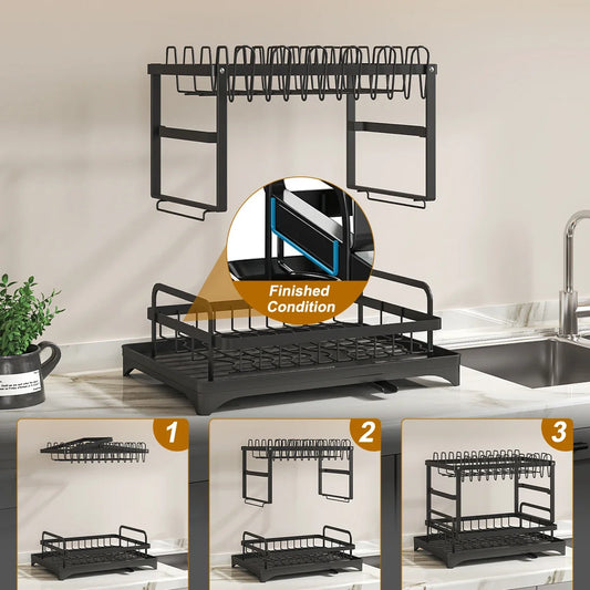 Rejilla para secar platos de 2 niveles con soporte para utensilios, metal, gran capacidad, 360 ° Tubo de drenaje giratorio, organizador de estante para platos de cocina
