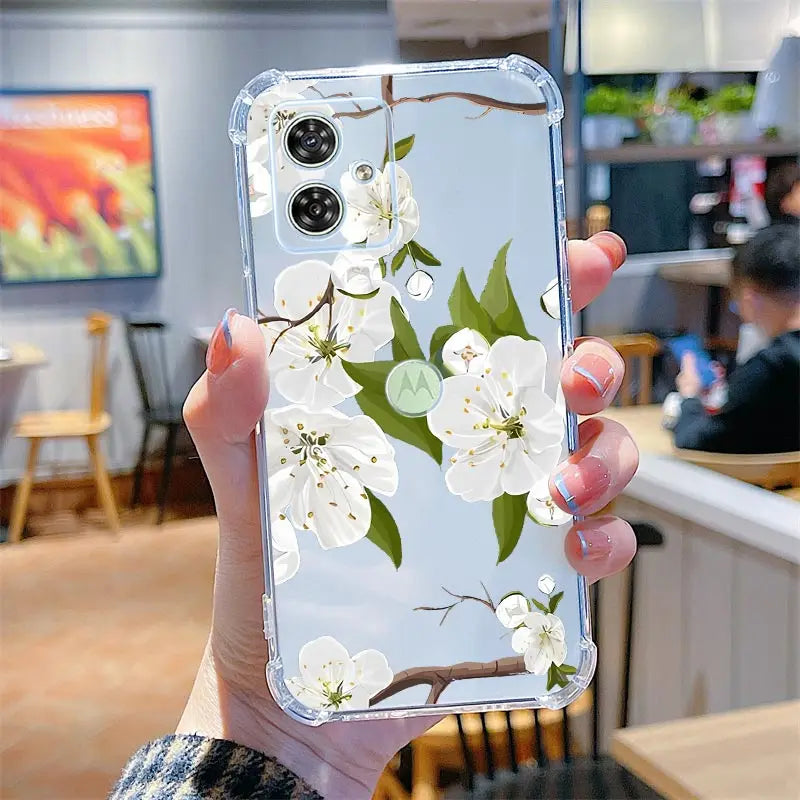 Funda de teléfono transparente G54 flores y hierba para Motorola Moto G54 G53 G52 G72 G82 G13 G73 G32 G84 G14 G42 G24Power G30 G9