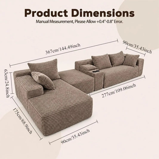 Sofá seccional modular en forma de U de 144 pulgadas, 6 plazas, de pana, color marrón café | Tapicería de pana suave con espuma de alta densidad, personalizada