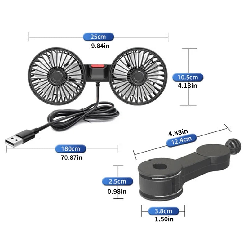 Ventilador automotriz USB portátil, ventilador de asiento de aire acondicionado eléctrico de doble cabezal giratorio de 360 grados para el hogar y la Oficina, 3 opciones de velocidad