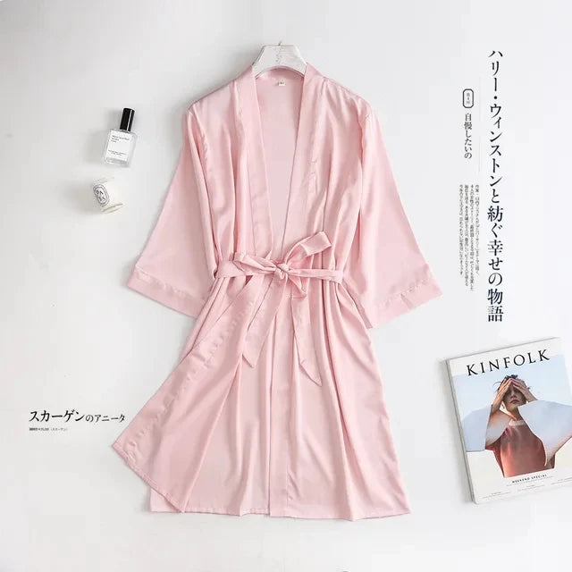 Bata de Novia Blanca para Mujer, Kimono de Satén de Seda, Ropa de Dormir Holgada con Manga 3/4, Lencería