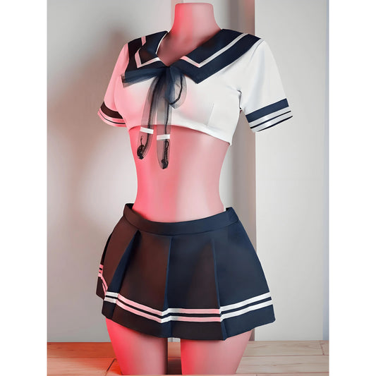 Conjunto de lencería Sexy de marinero para mujer, ropa de dormir de Cosplay de colegiala japonesa, minifalda plisada, Top corto, pijama, 3 uds.