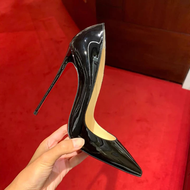 Nuevos Zapatos de Tacón Alto Clásicos de Charol de 12 cm, Modernos y Versátiles, Color Nude, Tacón Delgado de 10 cm, Tallas Grandes 33-46